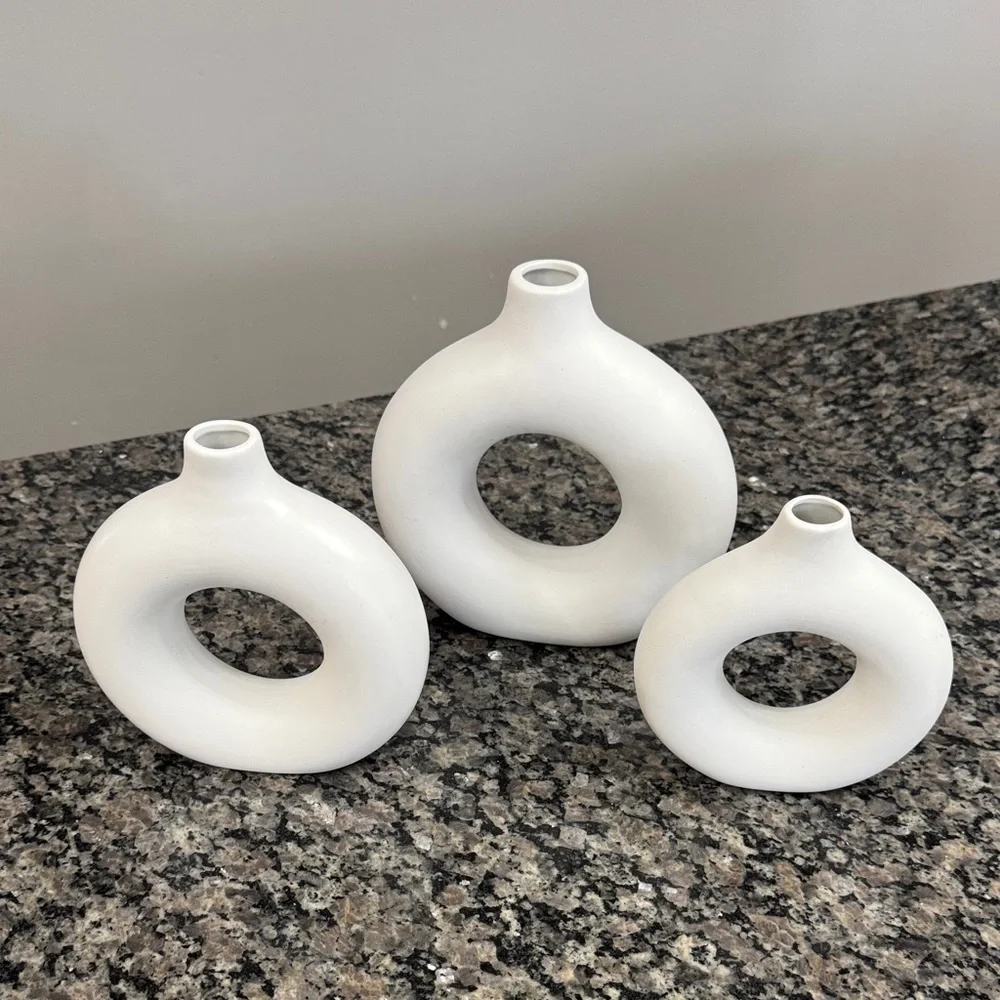 White Ceramic Ring Vases - Set of 3 - Picture 2 of 14